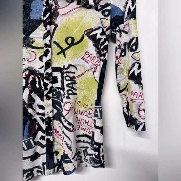 Bebe Vintage Y2K Multicolor Graffiti Mesh  Quarter Sleeve Too Button Up - Picture 3 of 6